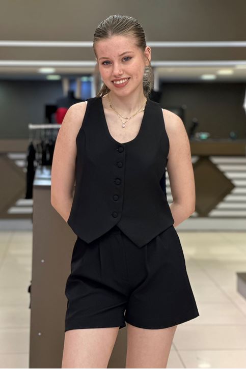 Yelekli Şortlu Kumaş İkili Takım-Siyah