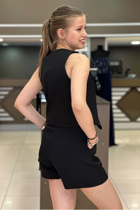 Yelekli Şortlu Kumaş İkili Takım-Siyah