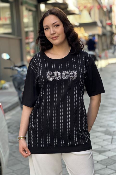 Coco Yazı Baskılı Taşlı Tshirt-Siyah