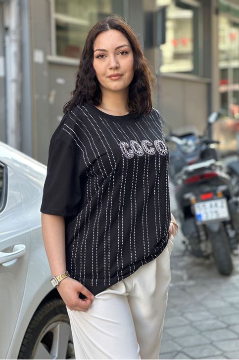 Coco Yazı Baskılı Taşlı Tshirt-Siyah