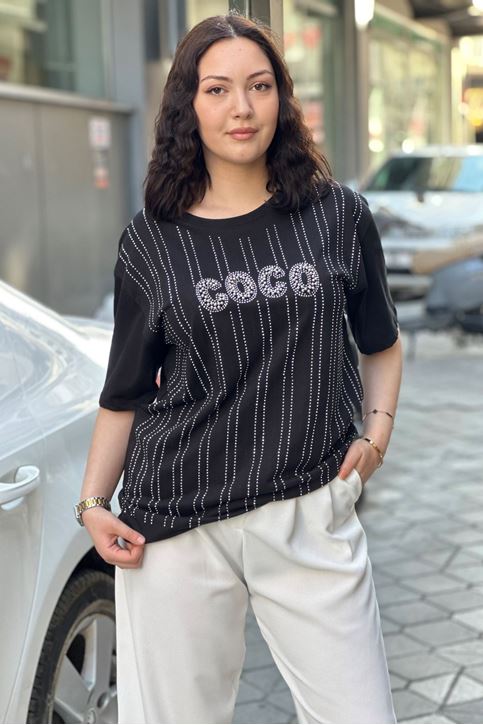 Coco Yazı Baskılı Taşlı Tshirt-Siyah