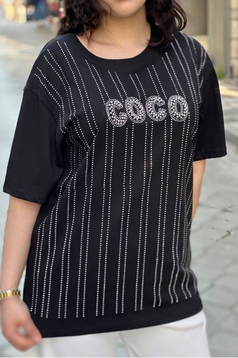 Coco Yazı Baskılı Taşlı Tshirt-Siyah