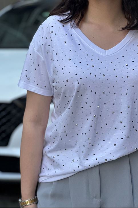 V Yaka Basic Taşlı Tshirt-Beyaz