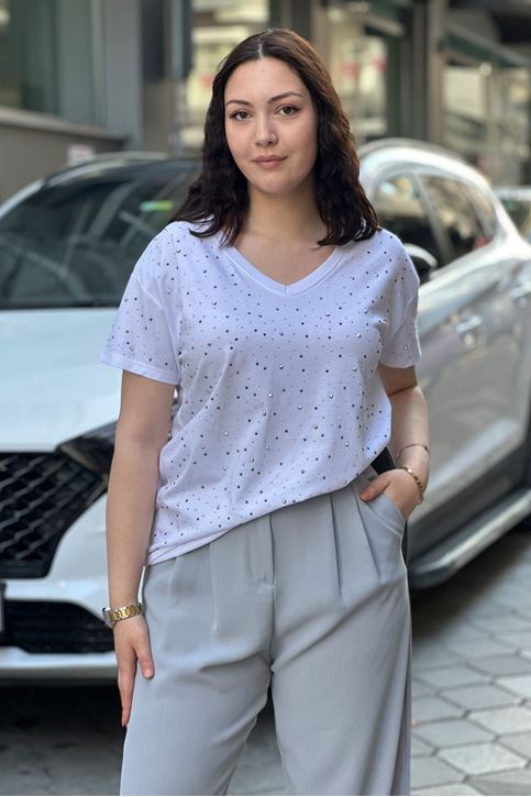 V Yaka Basic Taşlı Tshirt-Beyaz