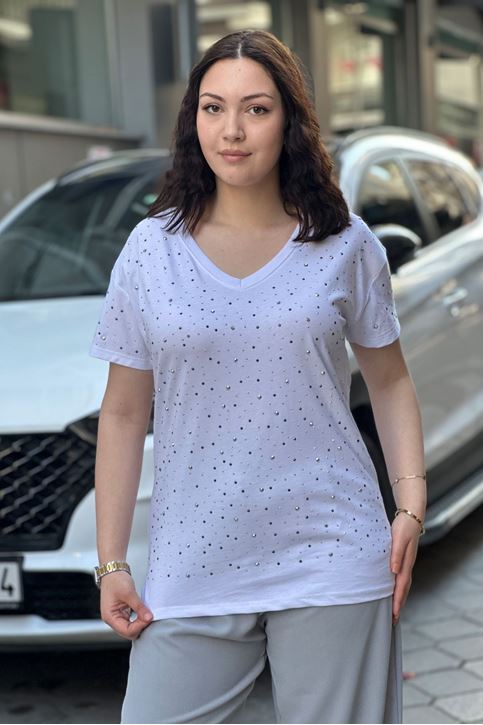 V Yaka Basic Taşlı Tshirt-Beyaz