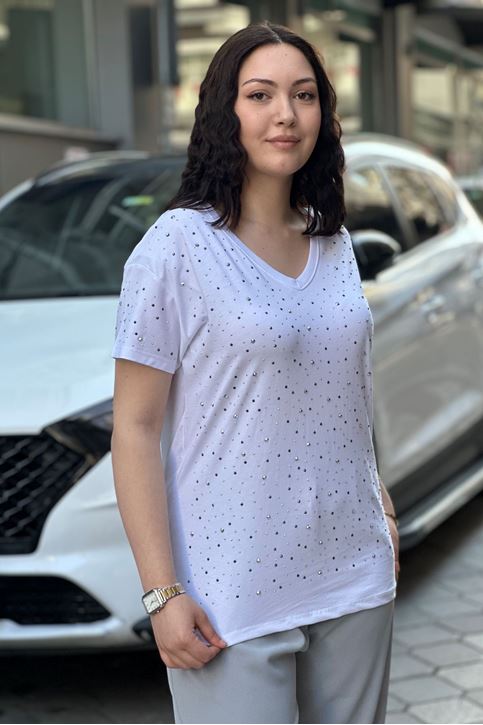 V Yaka Basic Taşlı Tshirt-Beyaz