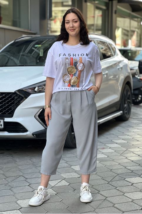 Saat Desenli Taşlı Tshirt-Beyaz