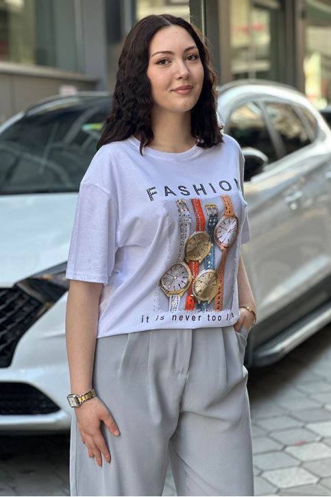 Saat Desenli Taşlı Tshirt-Beyaz
