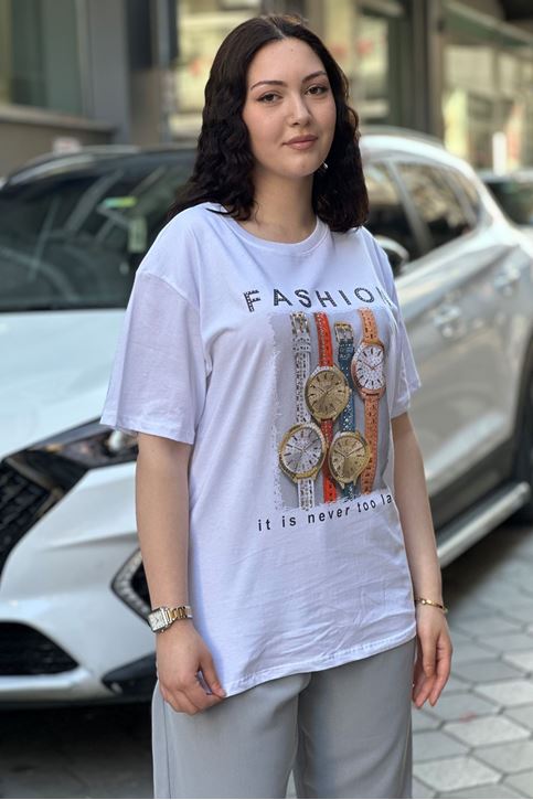Saat Desenli Taşlı Tshirt-Beyaz