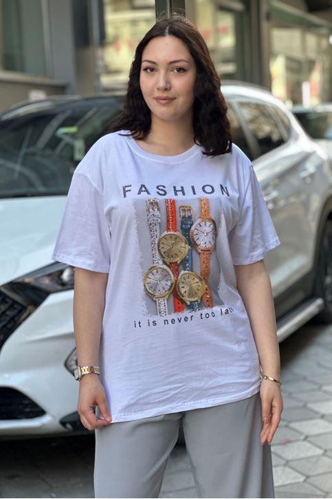 Saat Desenli Taşlı Tshirt-Beyaz