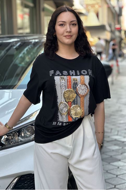 Saat Desenli Taşlı Tshirt-Siyah