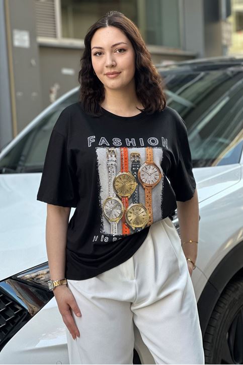 Saat Desenli Taşlı Tshirt-Siyah