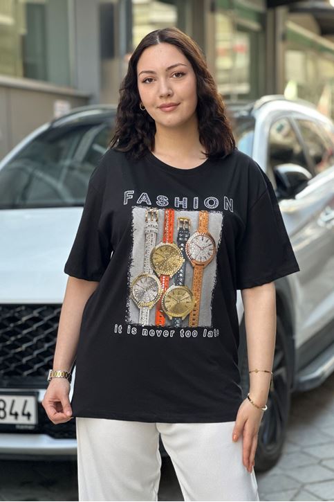 Saat Desenli Taşlı Tshirt-Siyah