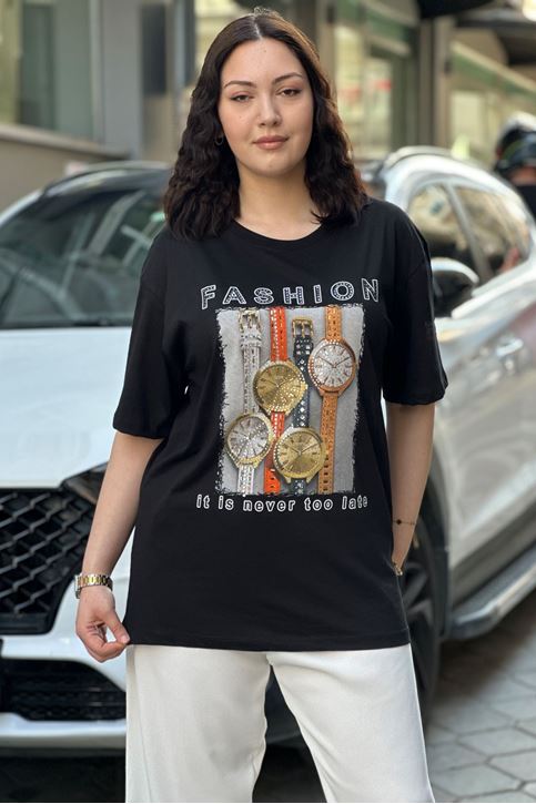 Saat Desenli Taşlı Tshirt-Siyah