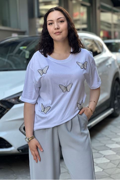 kelebek İnci Boncuk Detaylı Tshirt-Beyaz