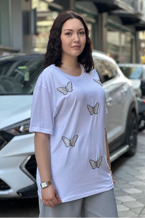 kelebek İnci Boncuk Detaylı Tshirt-Beyaz