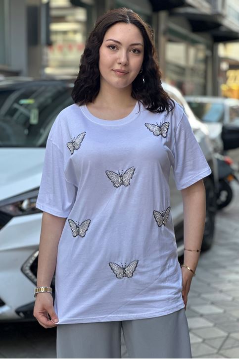 kelebek İnci Boncuk Detaylı Tshirt-Beyaz