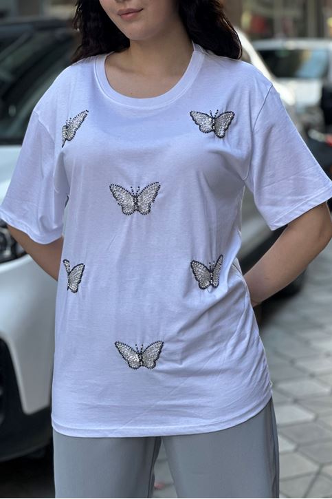 kelebek İnci Boncuk Detaylı Tshirt-Beyaz