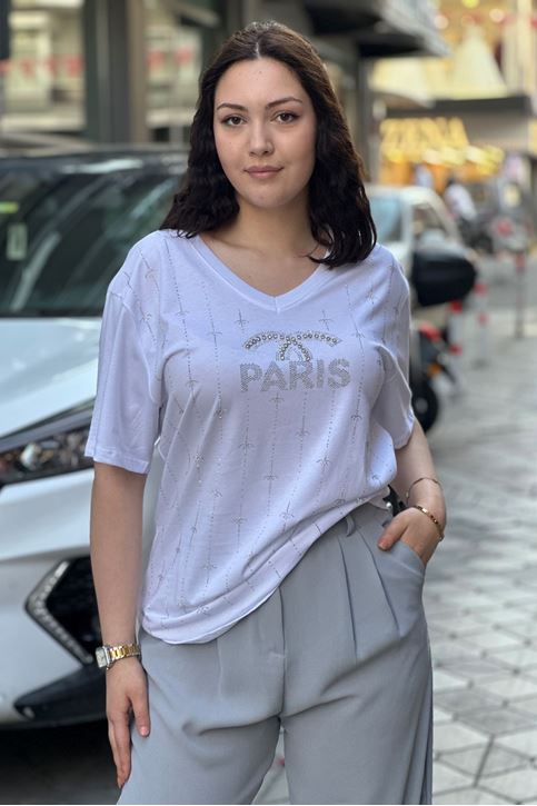 V Yaka Yazı Detaylı Taşlı Tshirt-Beyaz