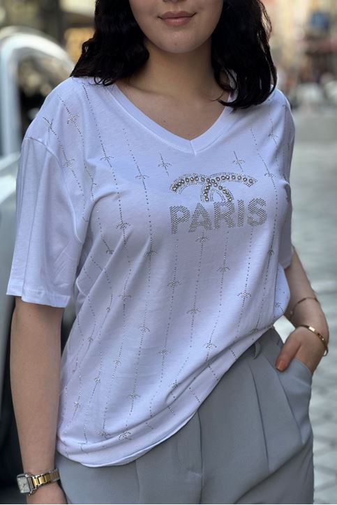 V Yaka Yazı Detaylı Taşlı Tshirt-Beyaz