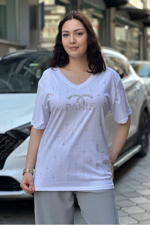 V Yaka Yazı Detaylı Taşlı Tshirt-Beyaz