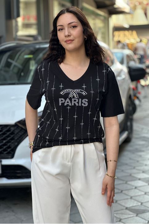 V Yaka Yazı Detaylı Taşlı Tshirt-Siyah