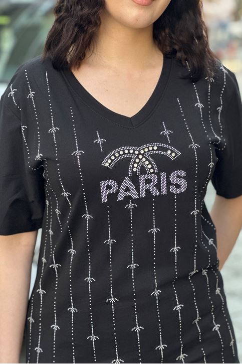 V Yaka Yazı Detaylı Taşlı Tshirt-Siyah