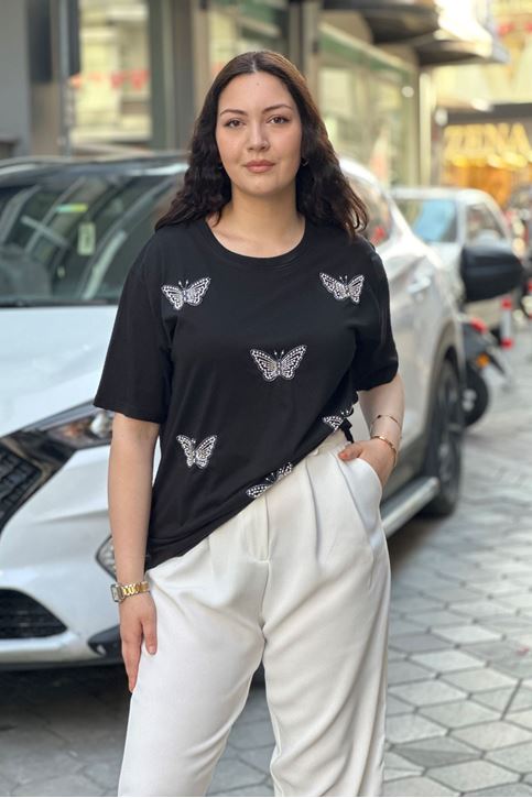 kelebek İnci Boncuk Detaylı Tshirt-Siyah