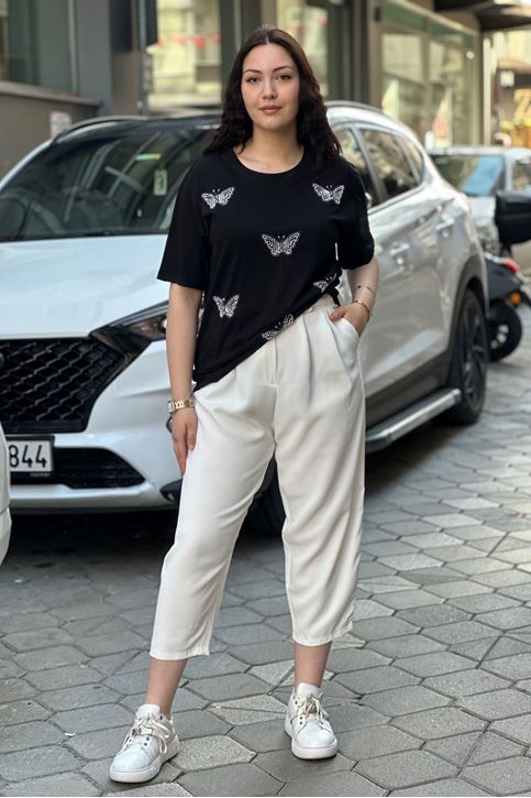kelebek İnci Boncuk Detaylı Tshirt-Siyah