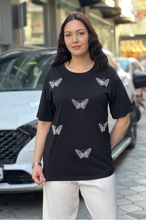 kelebek İnci Boncuk Detaylı Tshirt-Siyah