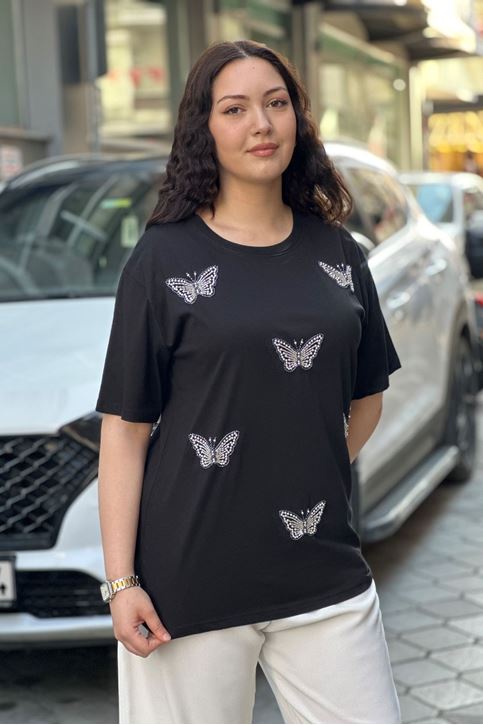 kelebek İnci Boncuk Detaylı Tshirt-Siyah