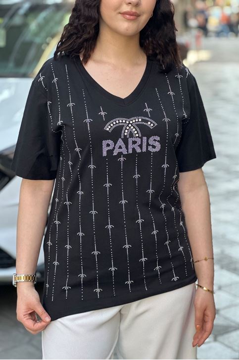 V Yaka Oversize Kalıp Taş Detay Tshirt-Siyah