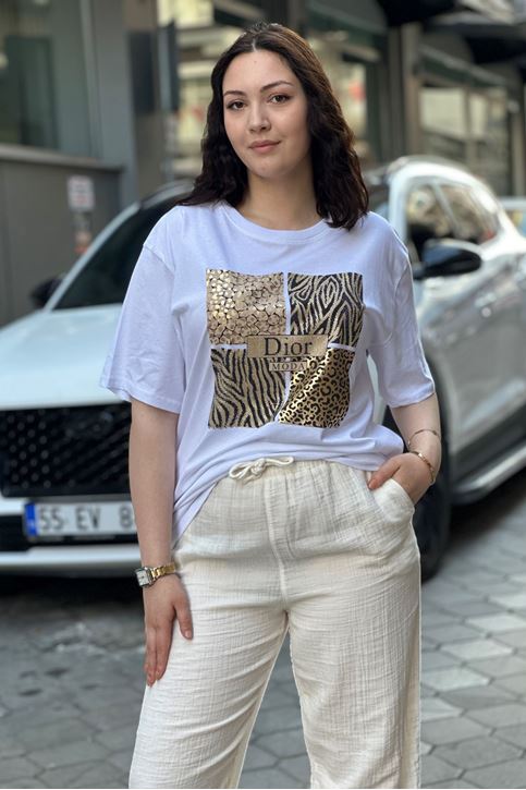 Zebra Leopar Taş Detaylı Tshirt-Beyaz