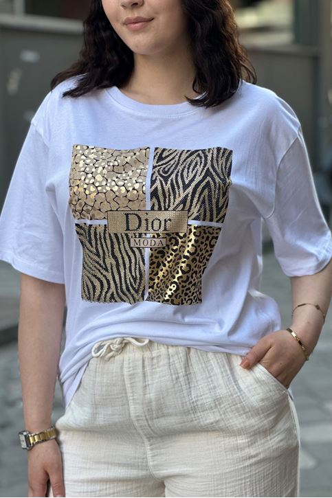Zebra Leopar Taş Detaylı Tshirt-Beyaz