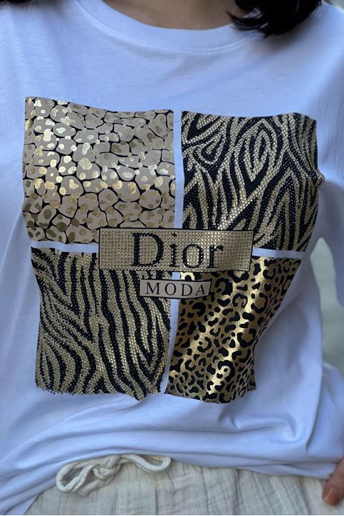 Zebra Leopar Taş Detaylı Tshirt-Beyaz