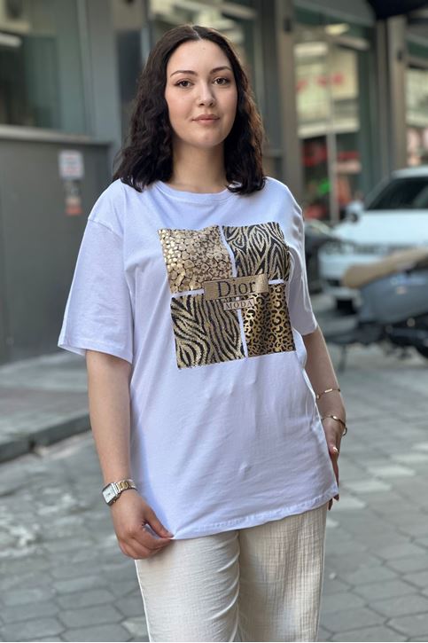 Zebra Leopar Taş Detaylı Tshirt-Beyaz