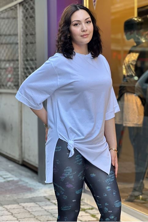 Double Kol Yan Yırtmaçlı Düz Tshirt-Beyaz