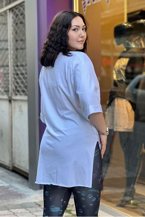Double Kol Yan Yırtmaçlı Düz Tshirt-Beyaz