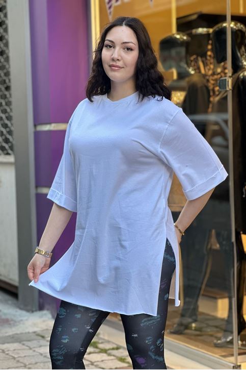 Double Kol Yan Yırtmaçlı Düz Tshirt-Beyaz