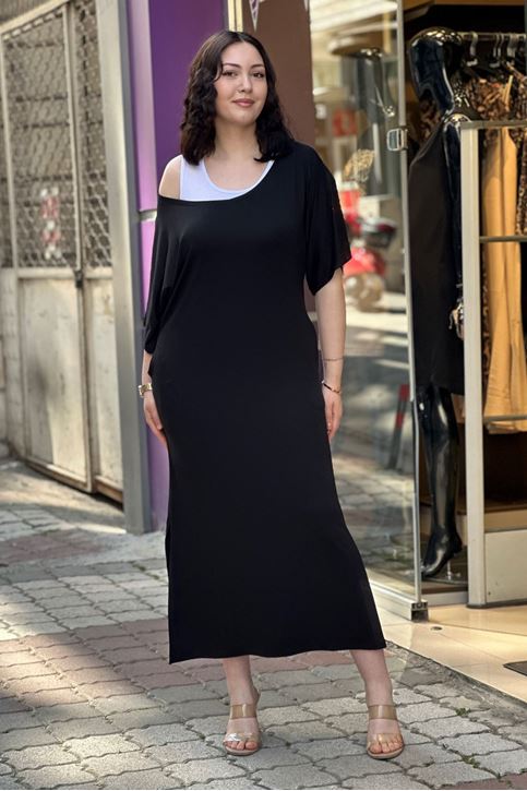 Çift Atletli Cepli Salaş Elbise-Siyah