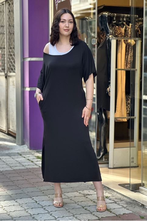 Çift Atletli Cepli Salaş Elbise-Siyah