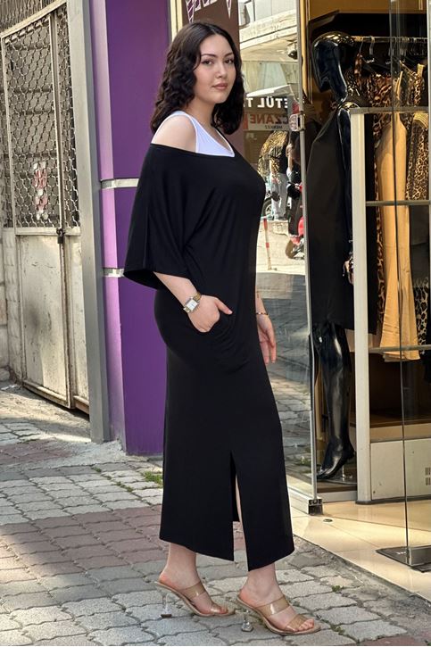 Çift Atletli Cepli Salaş Elbise-Siyah