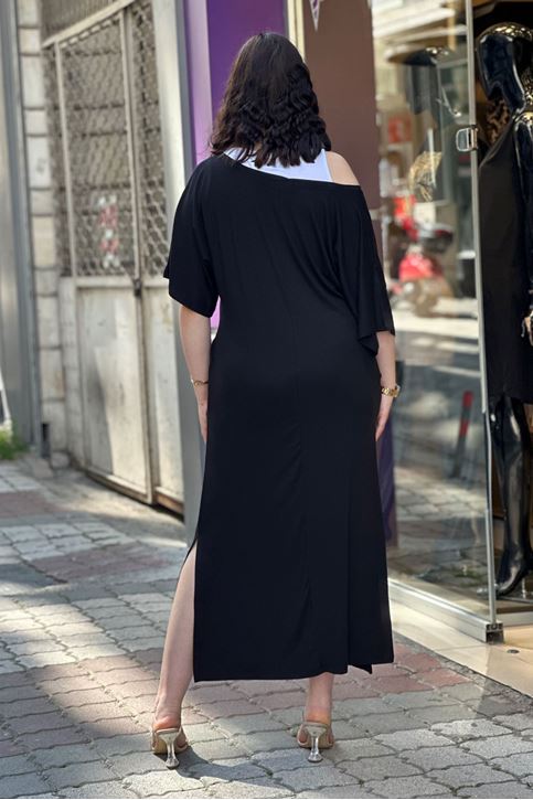 Çift Atletli Cepli Salaş Elbise-Siyah