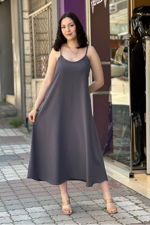 Askısı Ayarlanabilir Çan Midi Boy Elbise-Gri