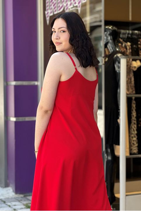 Askısı Ayarlanabilir Çan Midi Boy Elbise-Kırmızı