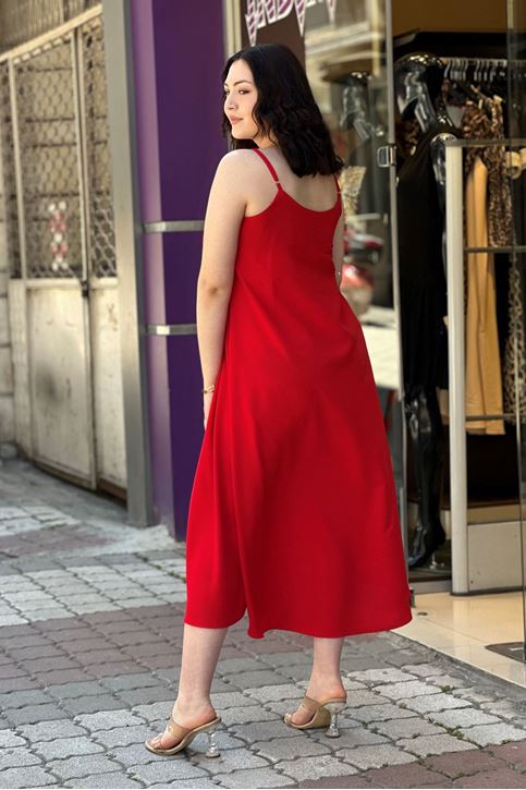 Askısı Ayarlanabilir Çan Midi Boy Elbise-Kırmızı