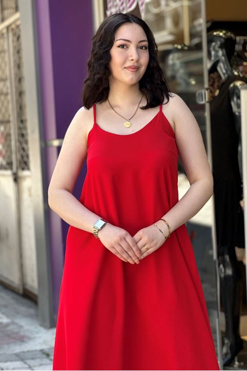 Askısı Ayarlanabilir Çan Midi Boy Elbise-Kırmızı