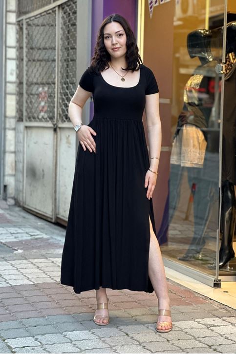 Geniş Yaka Altı Pileli Cepli Elbise-Siyah