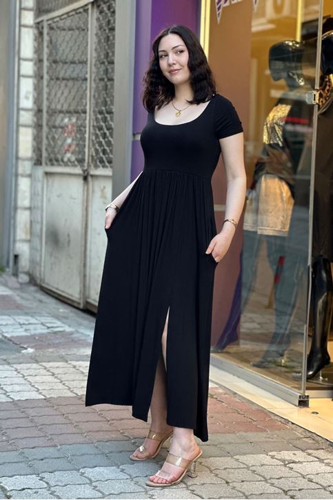 Geniş Yaka Altı Pileli Cepli Elbise-Siyah