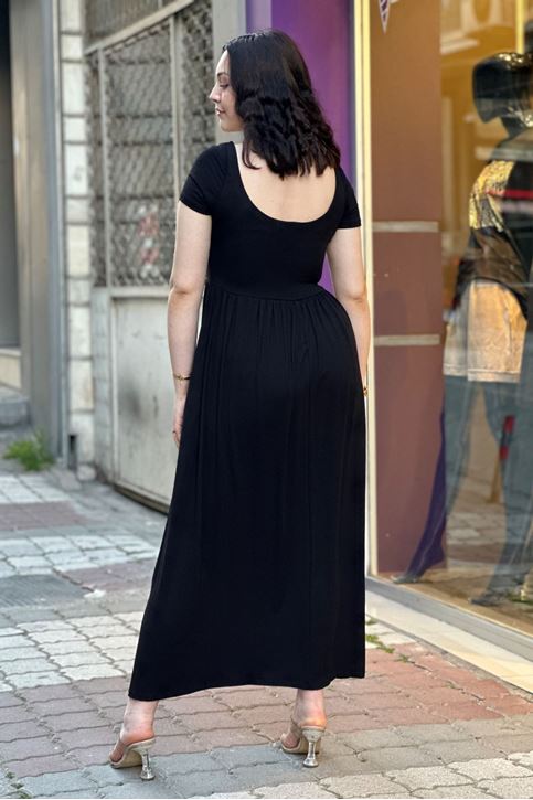 Geniş Yaka Altı Pileli Cepli Elbise-Siyah